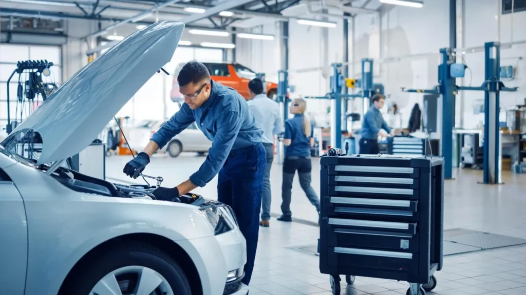 Garage workshop with man stood by a silver car with the bonnet open and a toolbox behind him. In the background is a man and woman walking and then 2 cars on a ramp